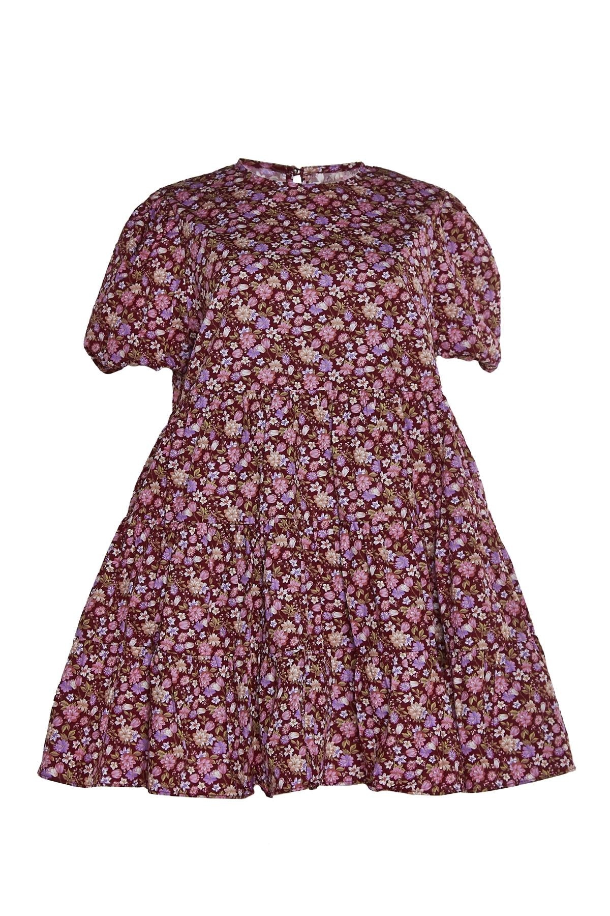 Burgundy-Chintz Floral Mini-Dress