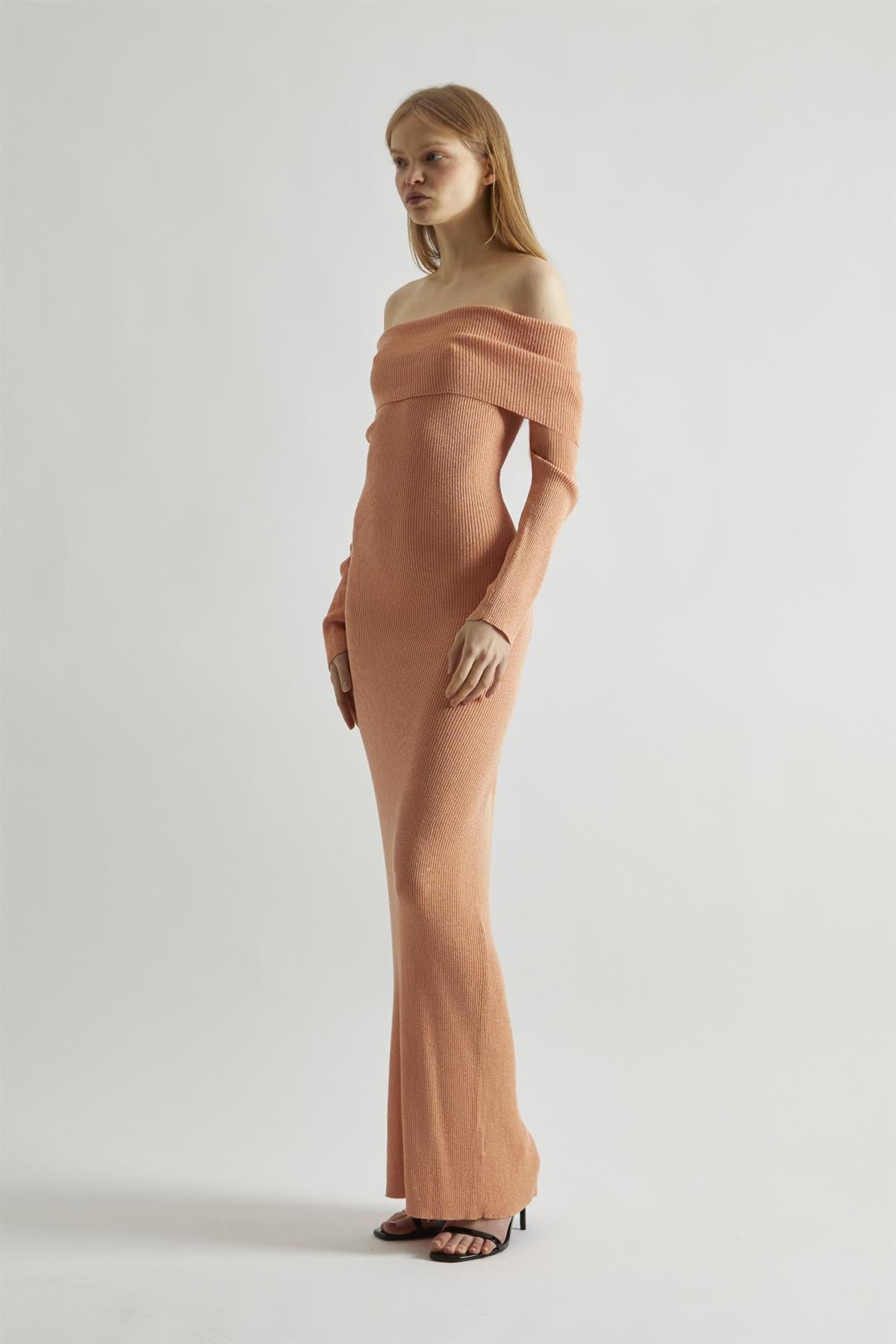 Dusty-Peach Glitter Knitted Bardot Maxi-Dress