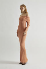 Dusty-Peach Glitter Knitted Bardot Maxi-Dress