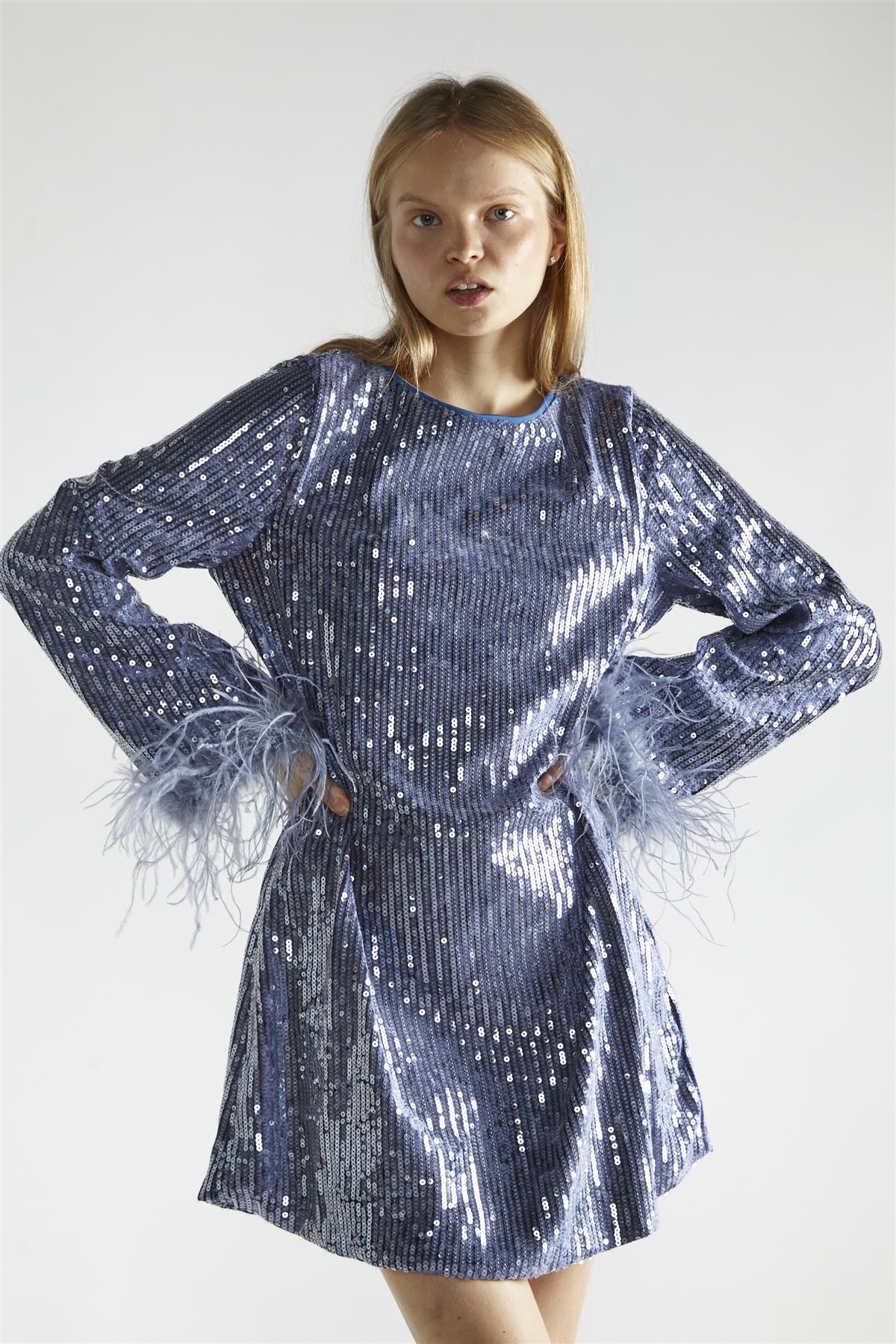 Blue-Sequin Feather Cuff Mini-Dress