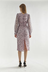 Lilac-Dalmatian Ruched-Front Midi-Dress