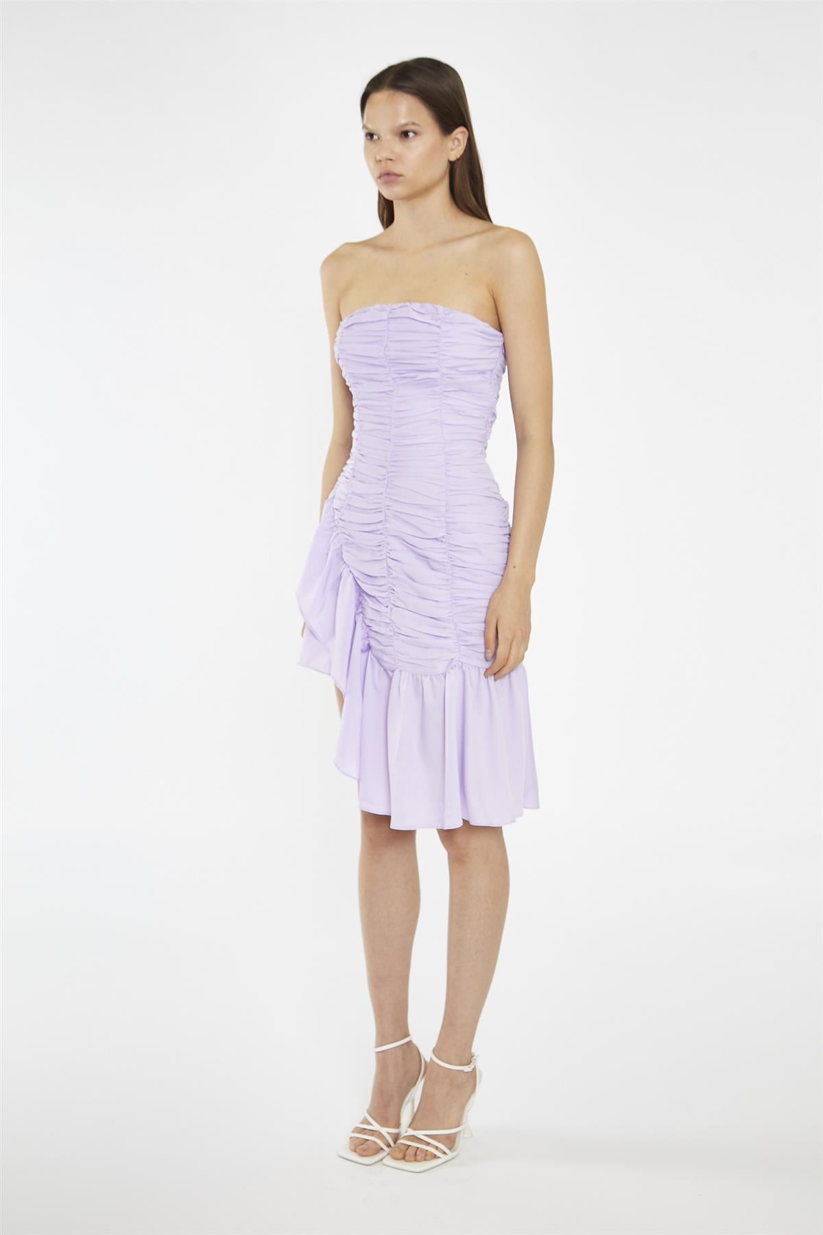 Light-Violet Strapless Asymmetric Ruched Mini-Dress