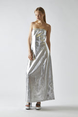 Silver-PU Bandeau Maxi-Dress