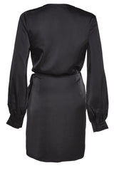 Black-Satin Wrap-Tie Midi-Dress