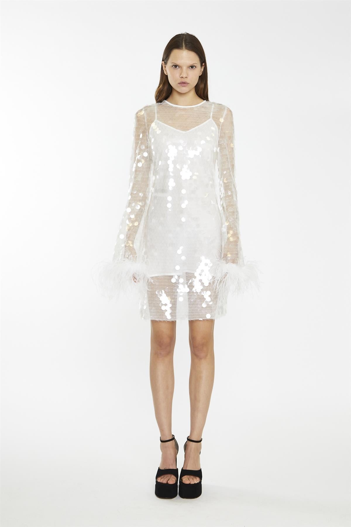 Clear-White Large-Sequin Feather Cuff Mini-Dress