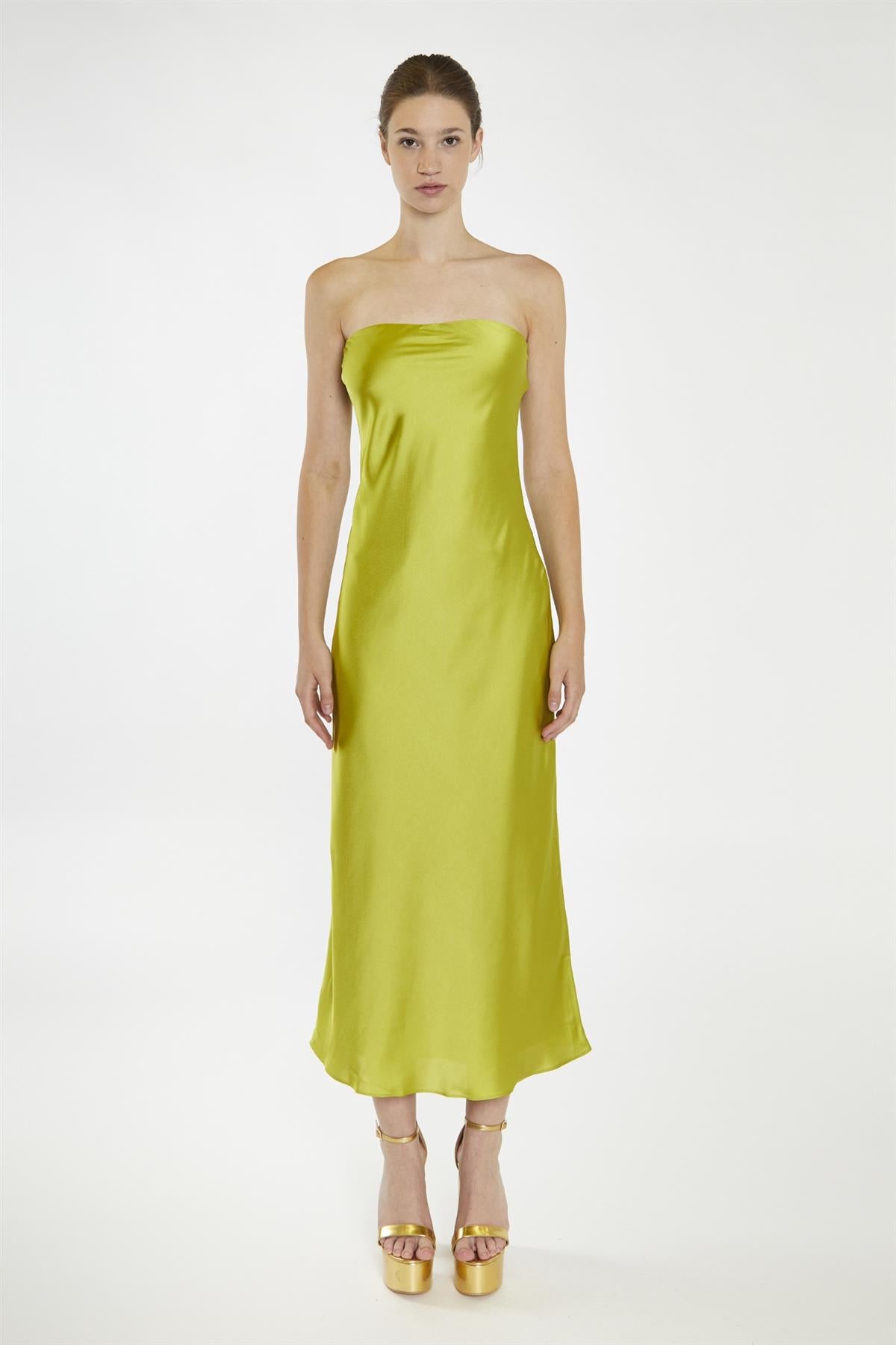 Citrus-Green Strapless Bias-Cut Midaxi-Dress