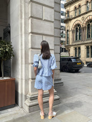 Mixed Blue Stripe Tie-Front Shorts