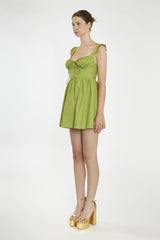 Leaf-Green Gathered-Bust Mini-Dress