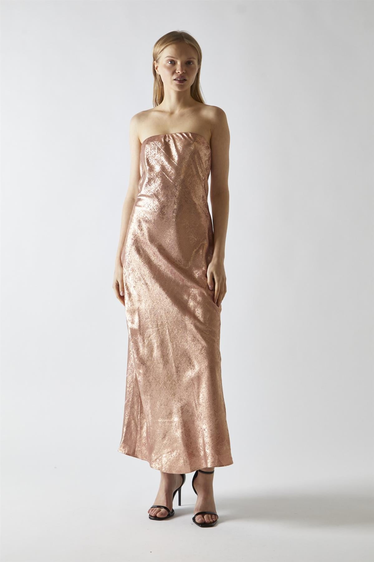 Copper-Metallic Strapless Midi Dress