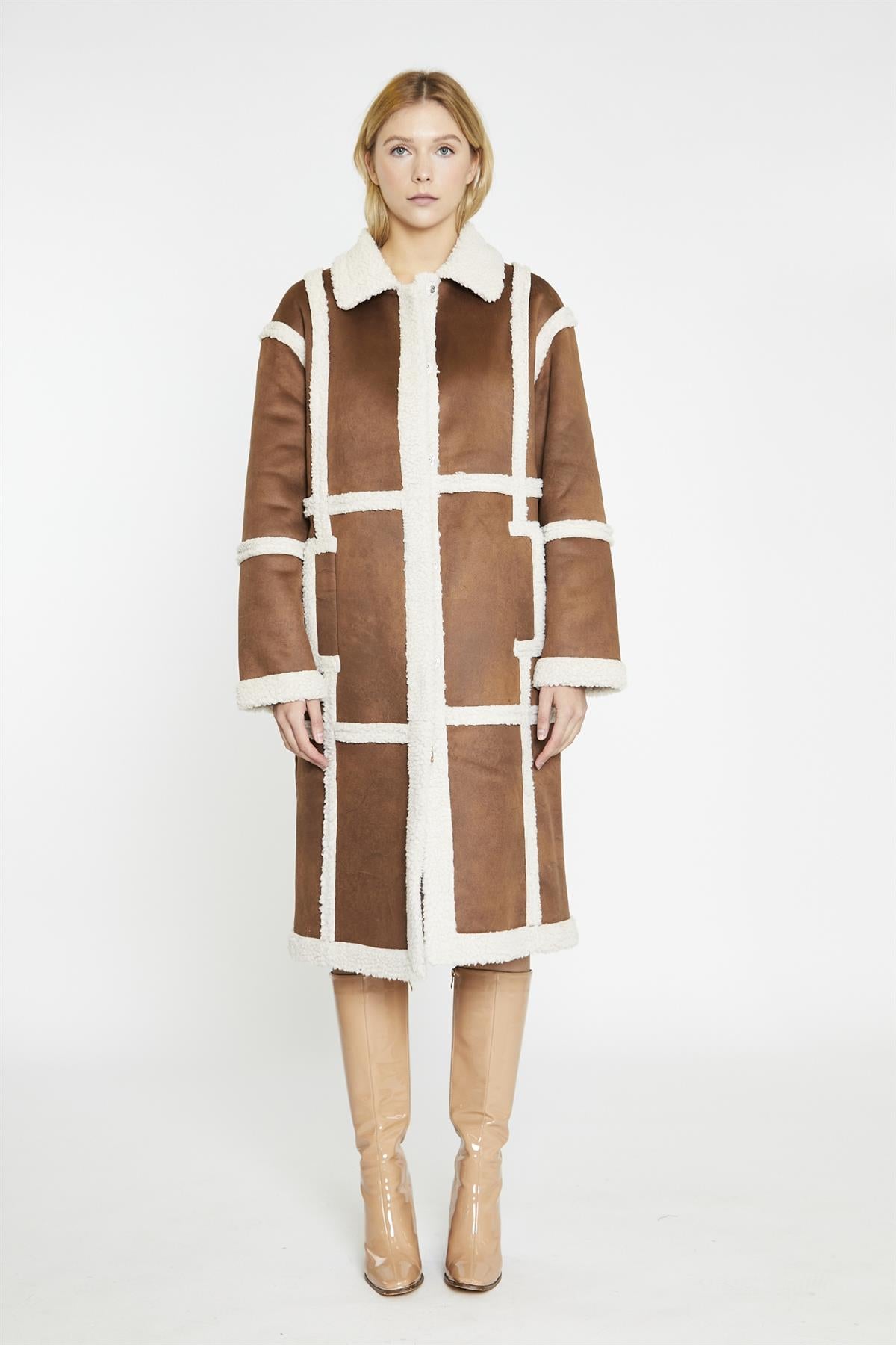 Tan-Cream Shearling Midi-Coat