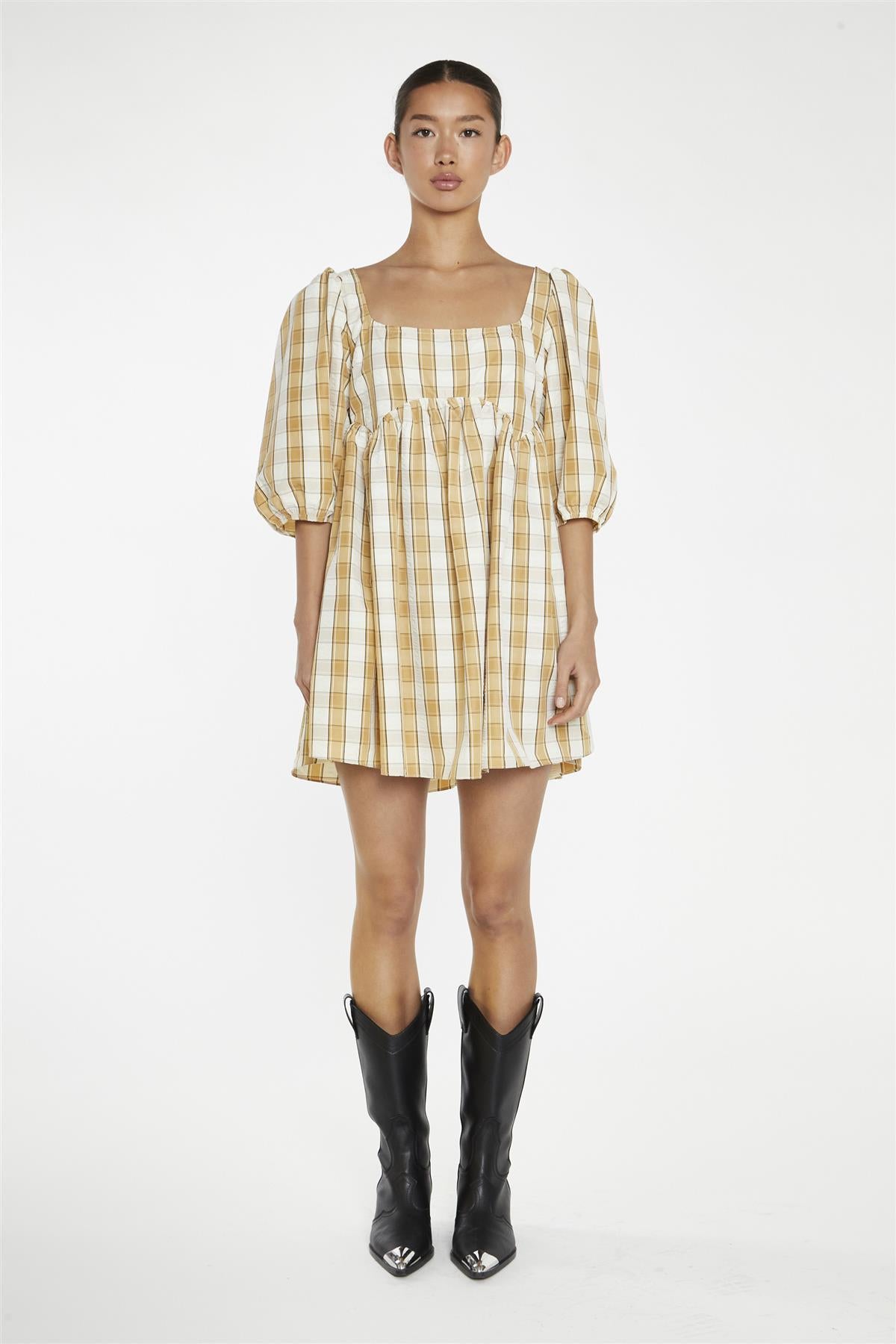 Beige-Cream Check Square-Neck Smock Mini-Dress