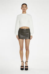 Dark-Brown Distressed-PU Fitted Mini-Skirt