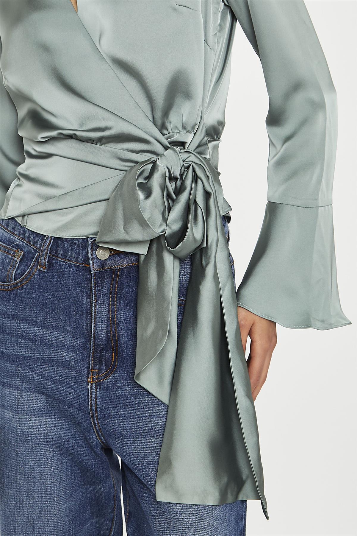 Dusty-Green Satin Wrap Front Blouse