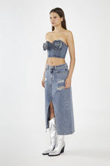 Heavy-Vintage Wash Front-Split Distressed Denim Midi-Skirt