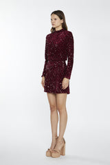 Port-Red Velvet-Sequin High Neck -Top