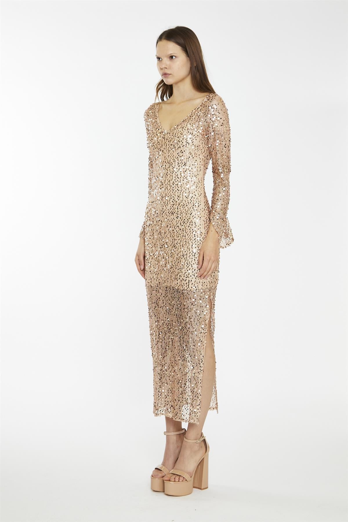 Rose-Gold Sequin Mesh V-Neck Maxi-Dress