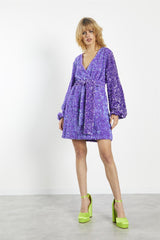 Purple Sequin Tie Waist Wrap Mini Dress