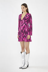 Pink Multi-Blurred Wave Flared Sleeve Mini-Dress