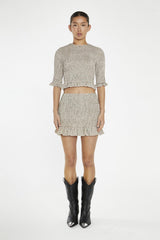 Beige-Black Check Shirred Mini-Skirt