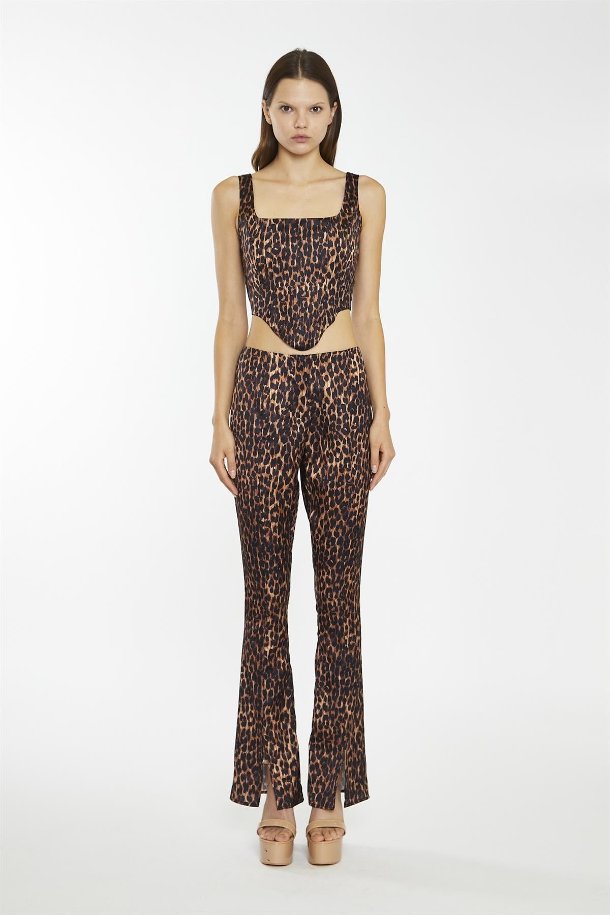 Brown-Leopard Split-Front Flared Trousers