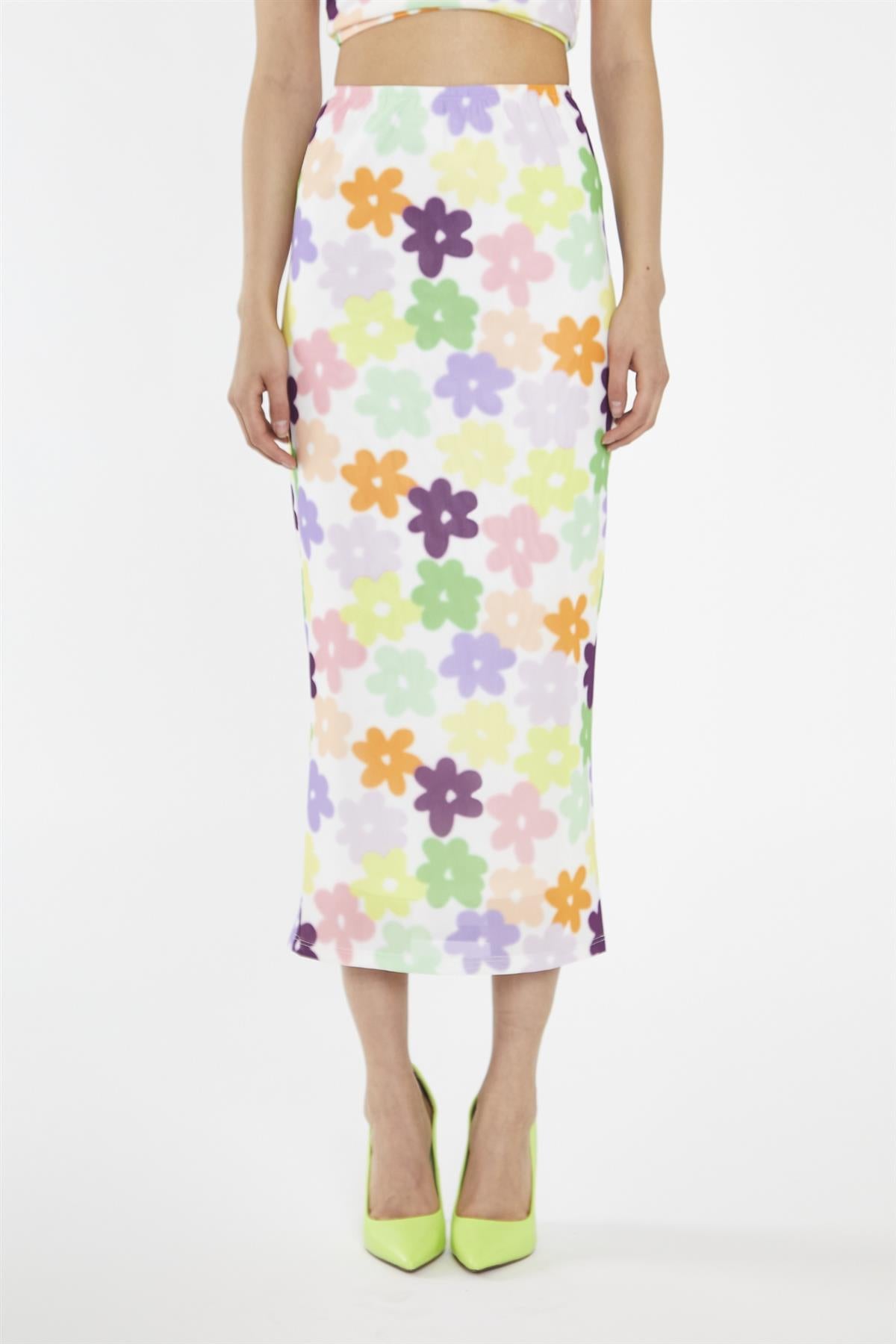 Multi-Flower Mesh Pencil Maxi-Skirt