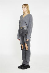 Dark-Grey Marl Button Front Crop-Cardigan