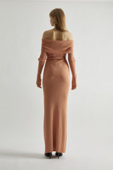 Dusty-Peach Glitter Knitted Bardot Maxi-Dress