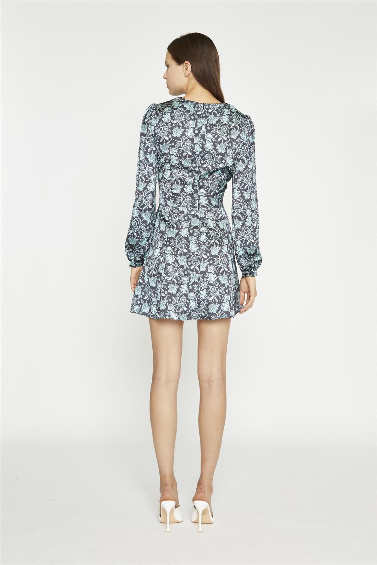 Black-Mint Paisley Sateen Long Sleeve Tea Mini-Dress