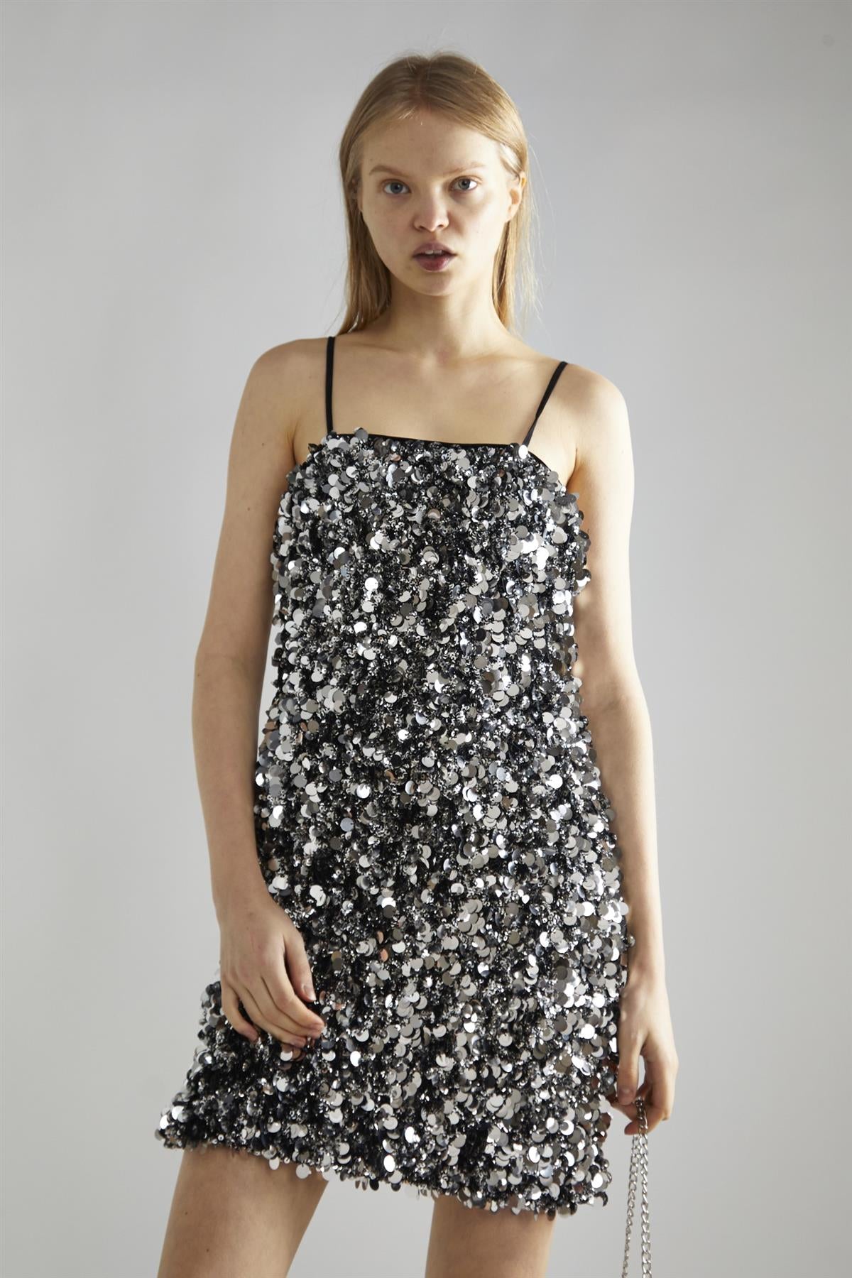 Large Pewter-Sequin Strappy Mini-Dress