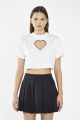 White Embellished Heart Cut-Out Crop-Top