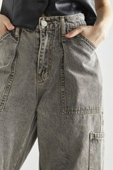 Grey Acid-Wash Denim Low-Rise Jeans