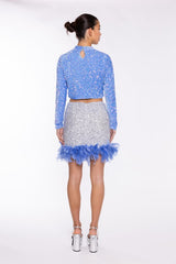 Silver-Sequin Blue Feather-Hem Mini-Skirt