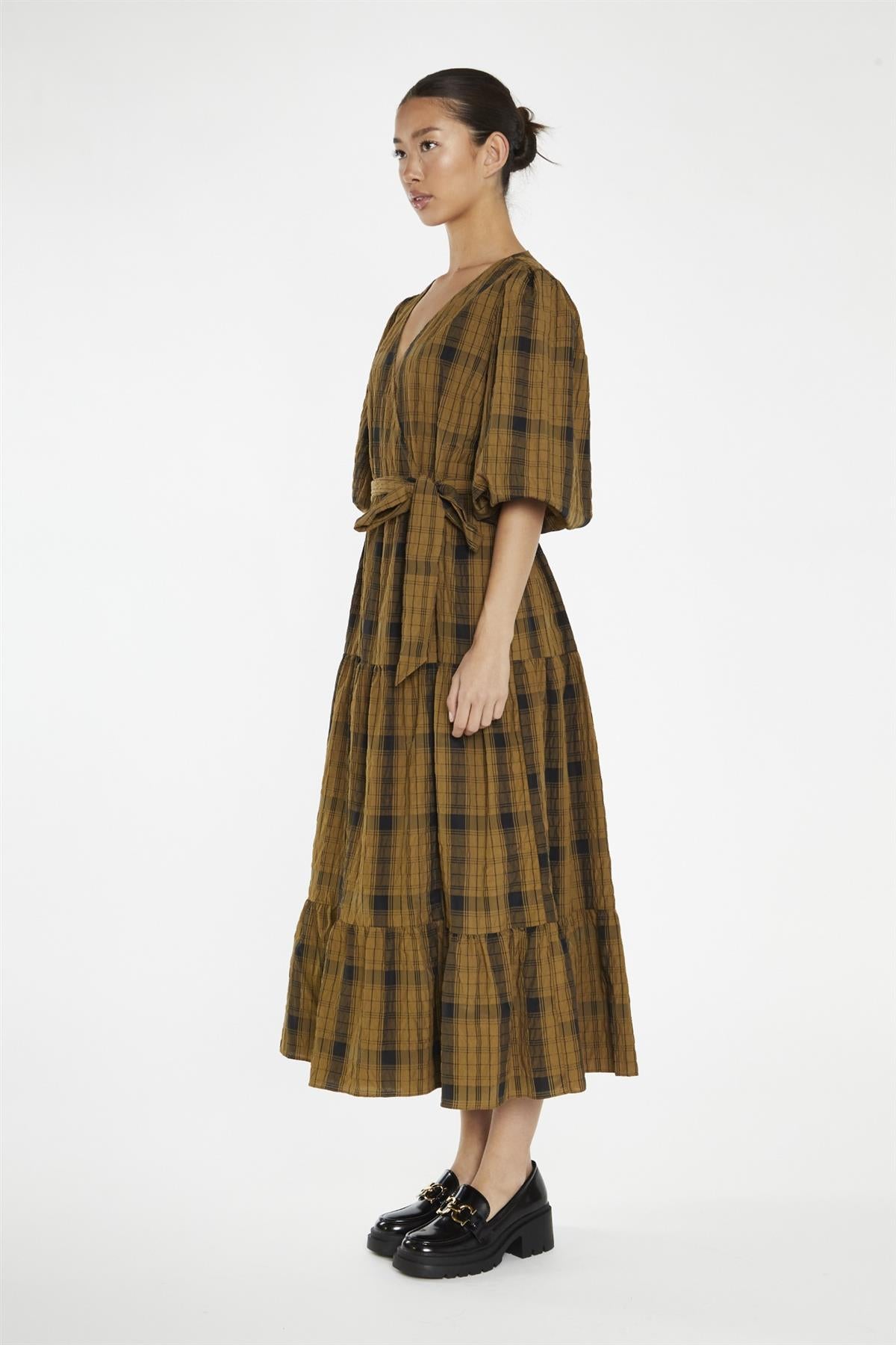 Olive-Check Wrap Midi-Dress