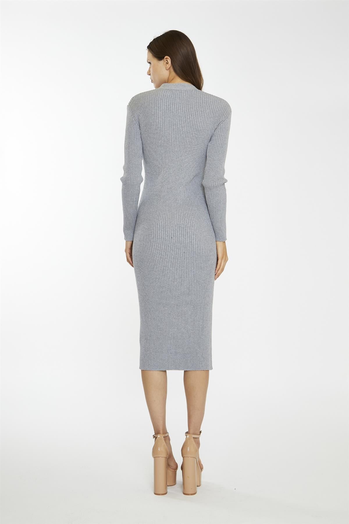 Grey-Marl Button-Down Knitted Midi-Dress