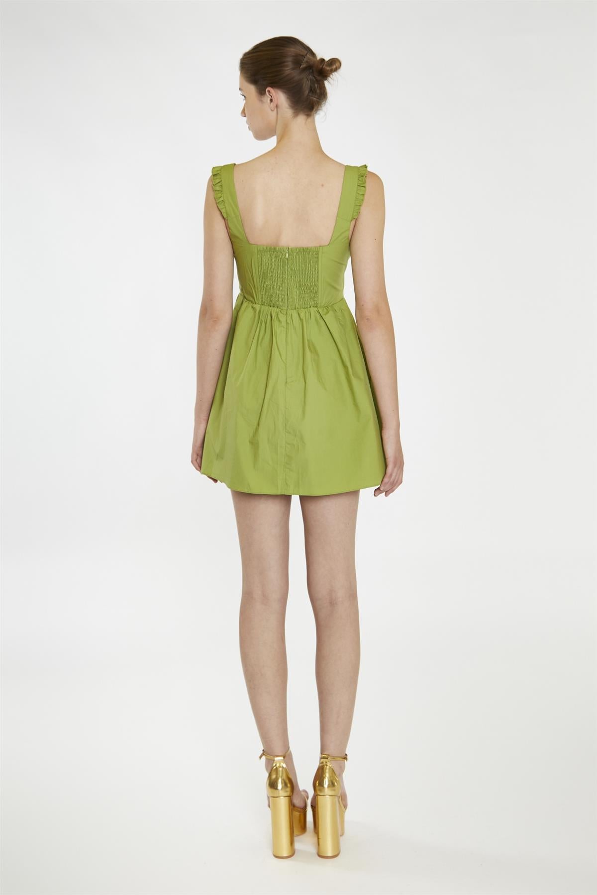 Leaf-Green Gathered-Bust Mini-Dress