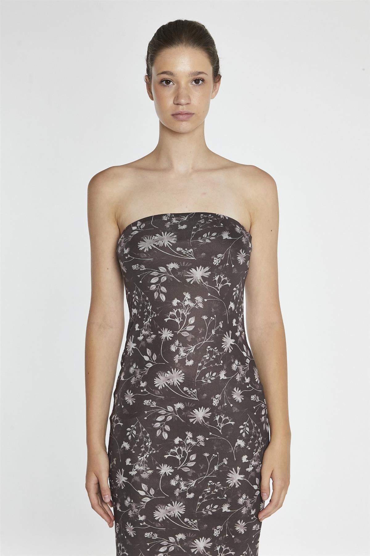 Brown-Floral Mesh Bandeau Midi-Dress