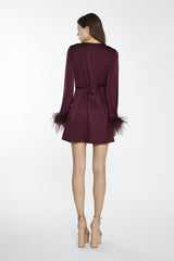 Deep-Burgundy Sateen Feather Trim Wrap Mini-Dress