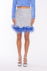 Silver-Sequin Blue Feather-Hem Mini-Skirt