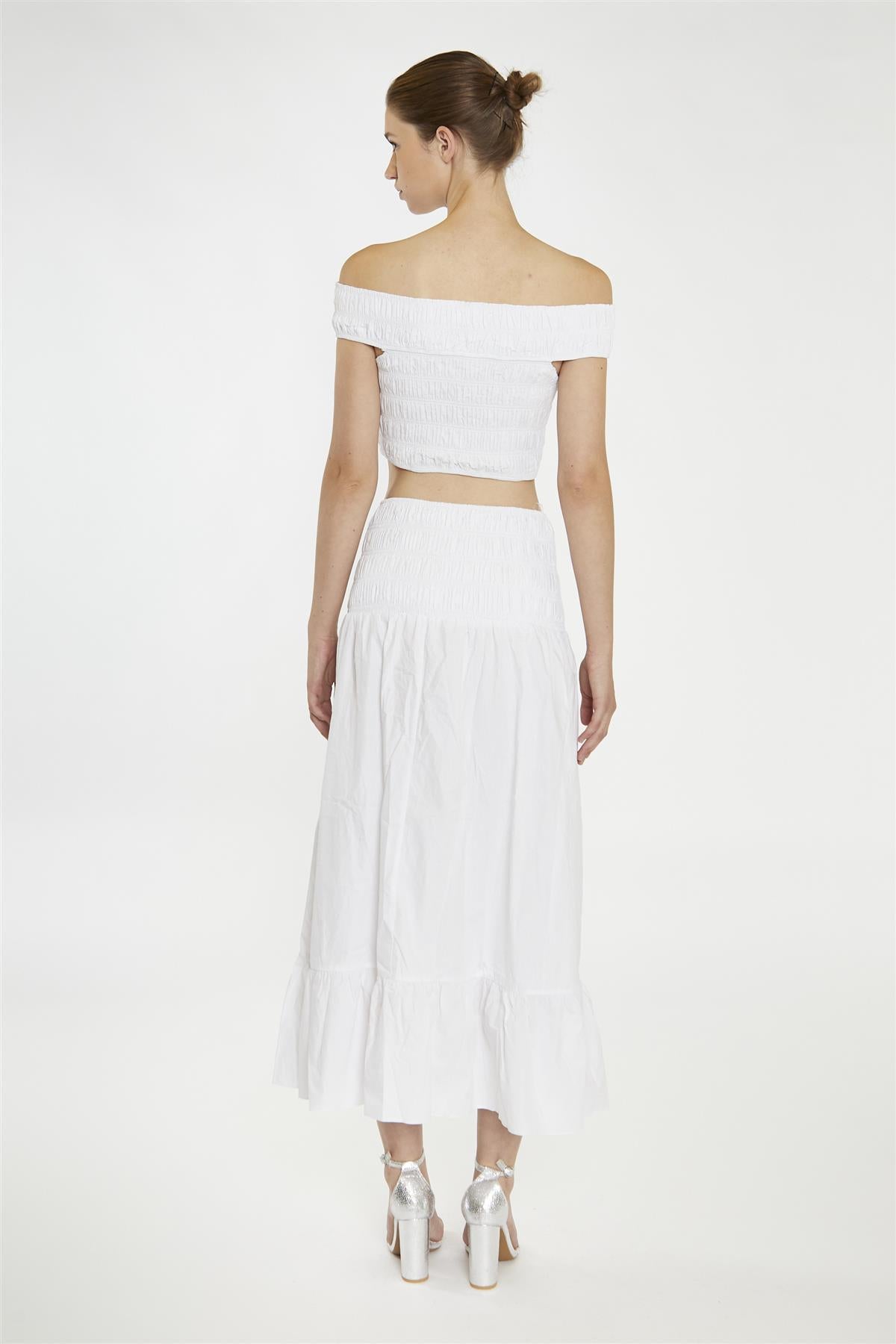 White Shirred-Waist Maxi-Skirt