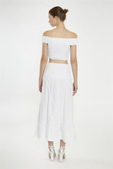 White Shirred-Waist Maxi-Skirt