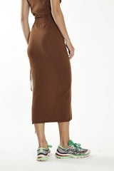 Mahogany-Brown Side Tie Knit Midi-Skirt