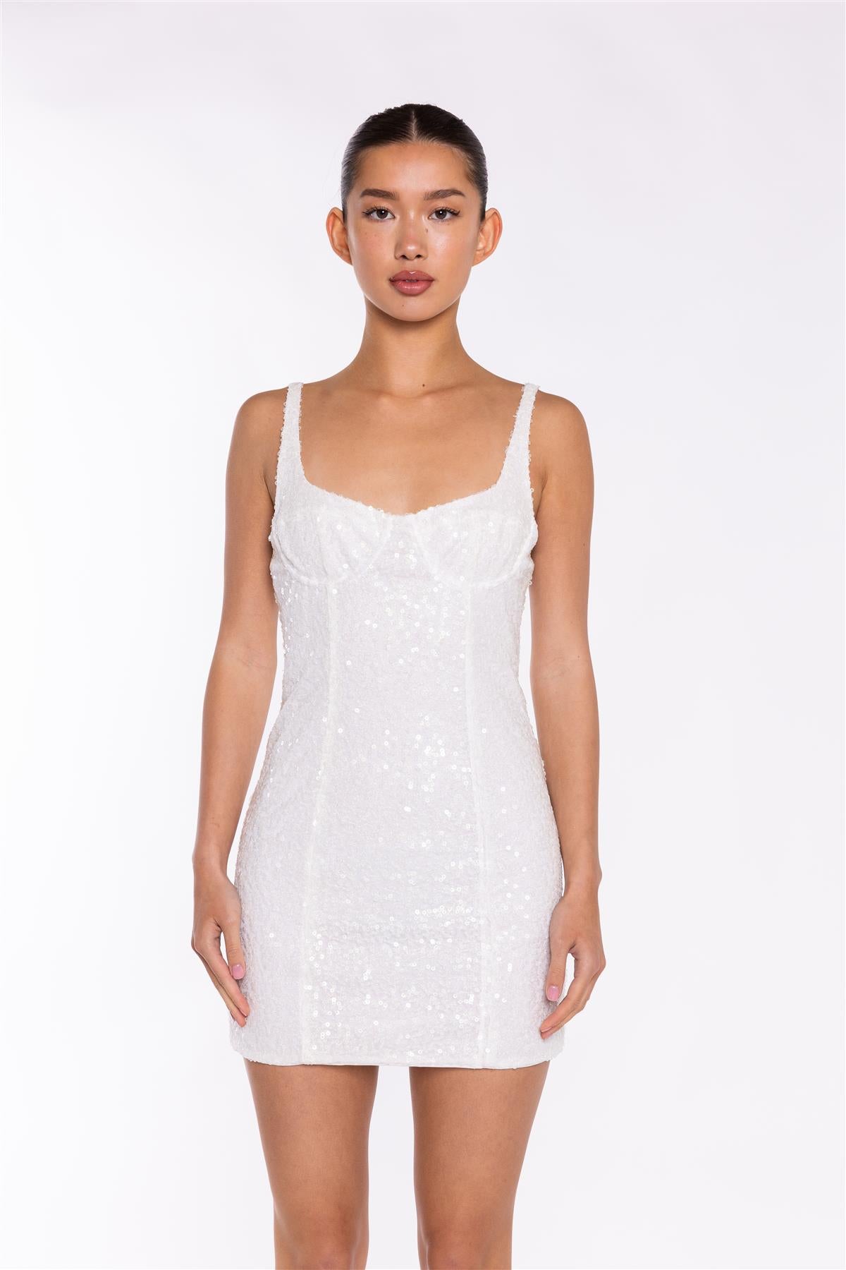 White Iridescent-Sequin Corset Mini-Dress