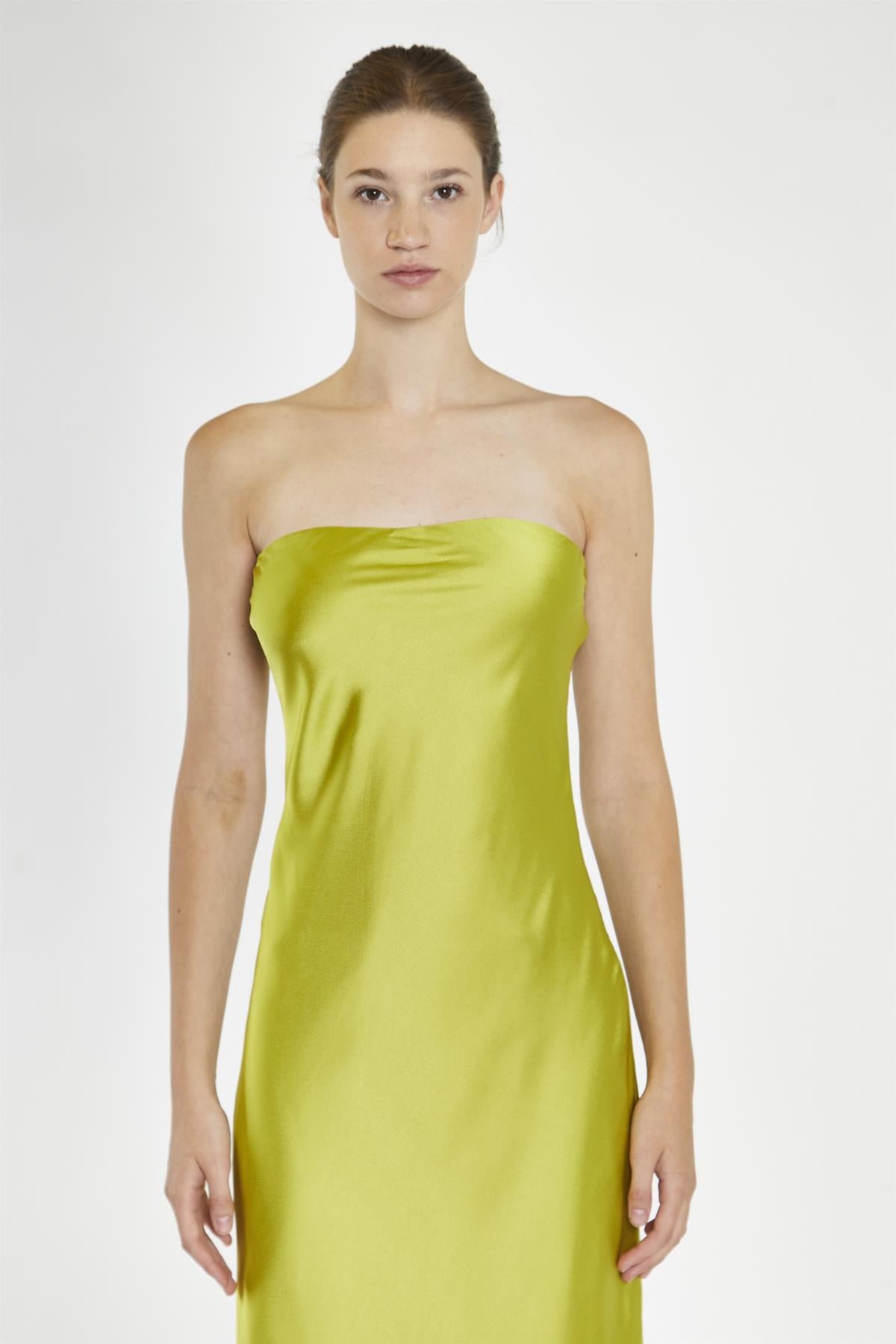 Citrus-Green Strapless Bias-Cut Midaxi-Dress