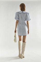 Light-Blue Houndstooth Statement-Collar Mini-Dress