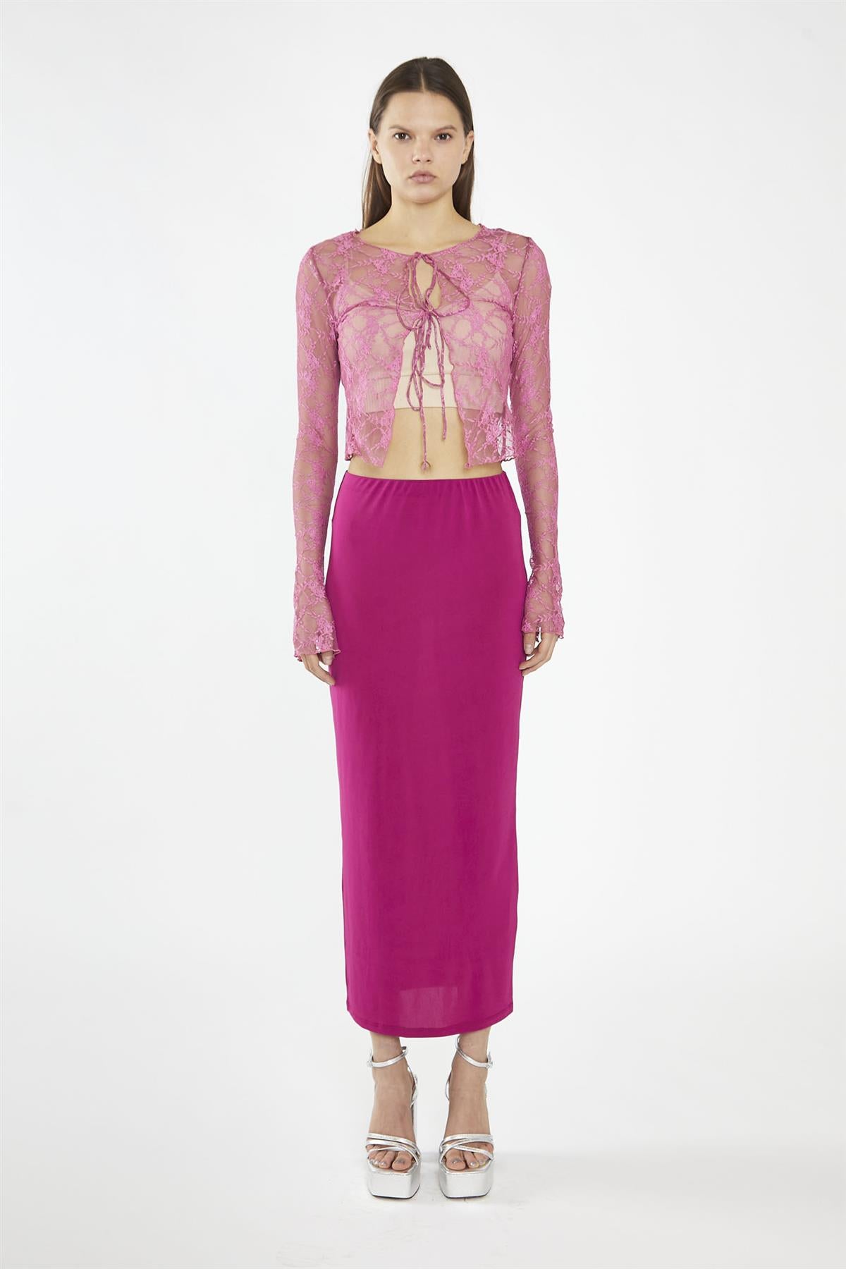 Fuchsia Lace Tie-Front Flare-Sleeve Top