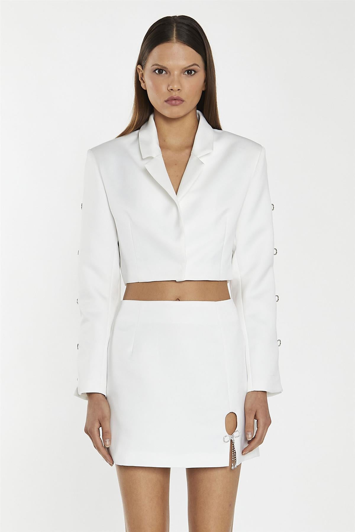 Off-White Satin Diamante Bow Mini-Skirt