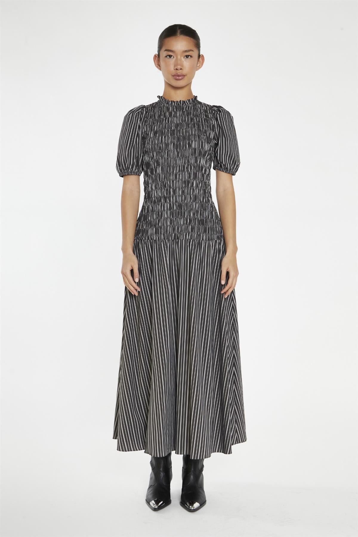 Brown-White Stripe Shirred Bodice Maxi-Dress