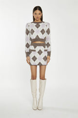 Brown Multi-Argyle Glitter Knit Mini-Skirt