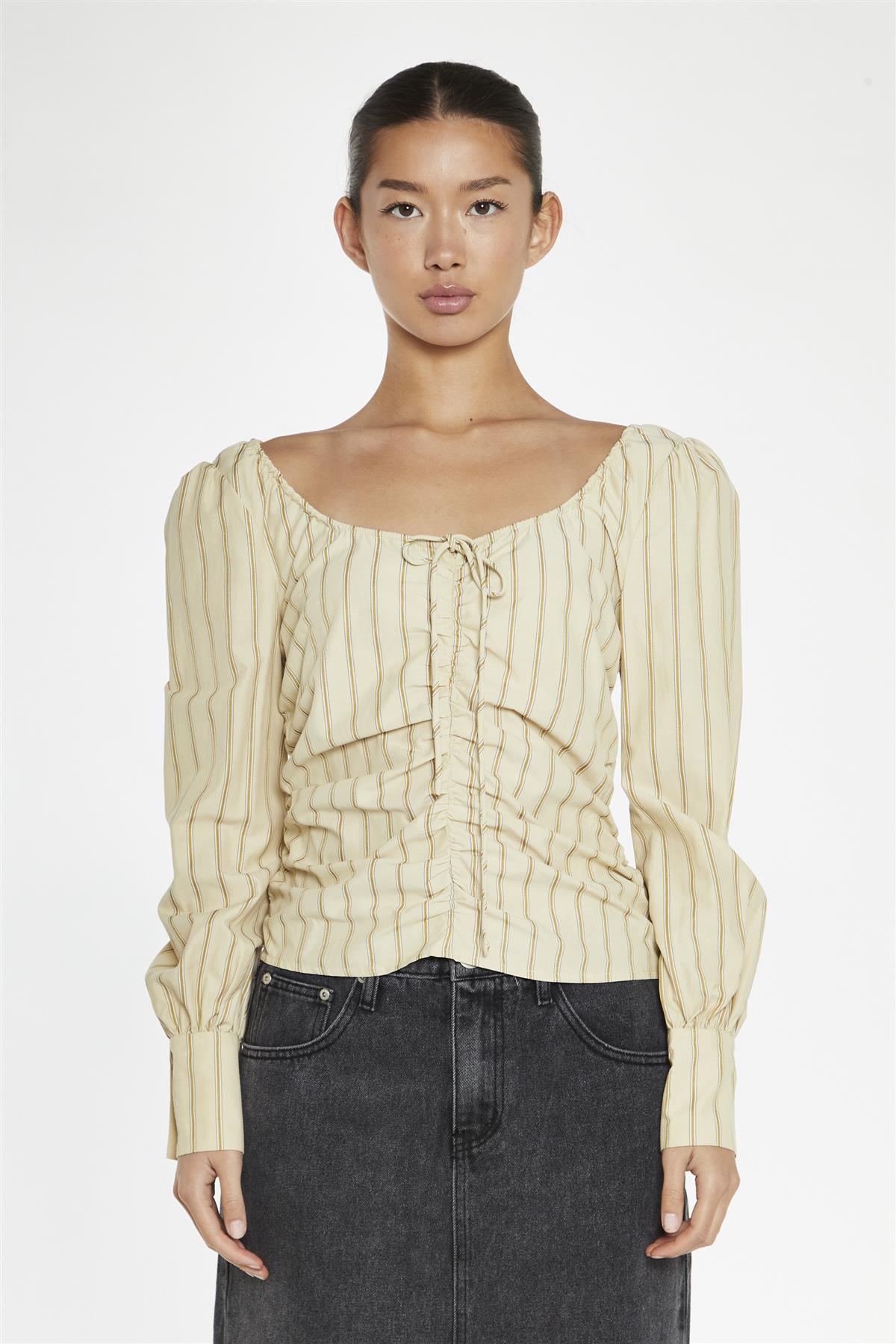 Straw-Gold Stripe Gathered-Front Top