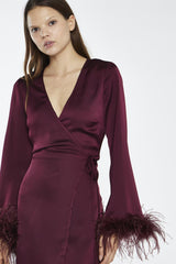 Deep-Burgundy Sateen Feather Trim Wrap Mini-Dress